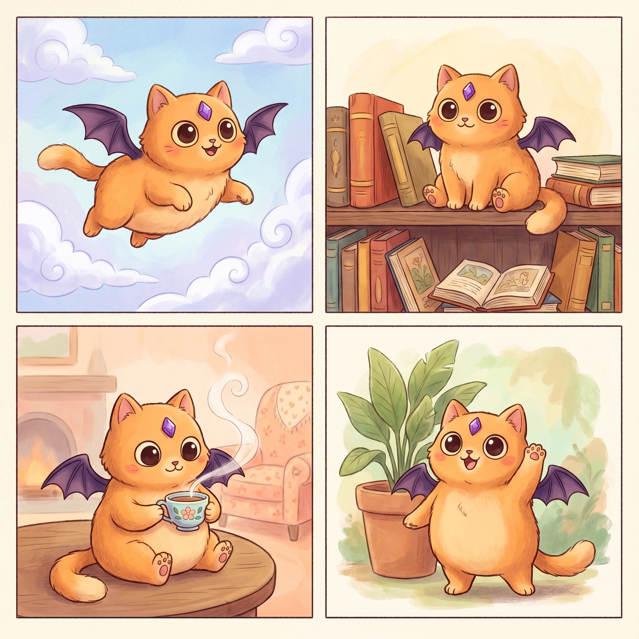 An invented mascot creature rendered consistently across four different scenarios, demonstrating a custom concept trained into an AI model.