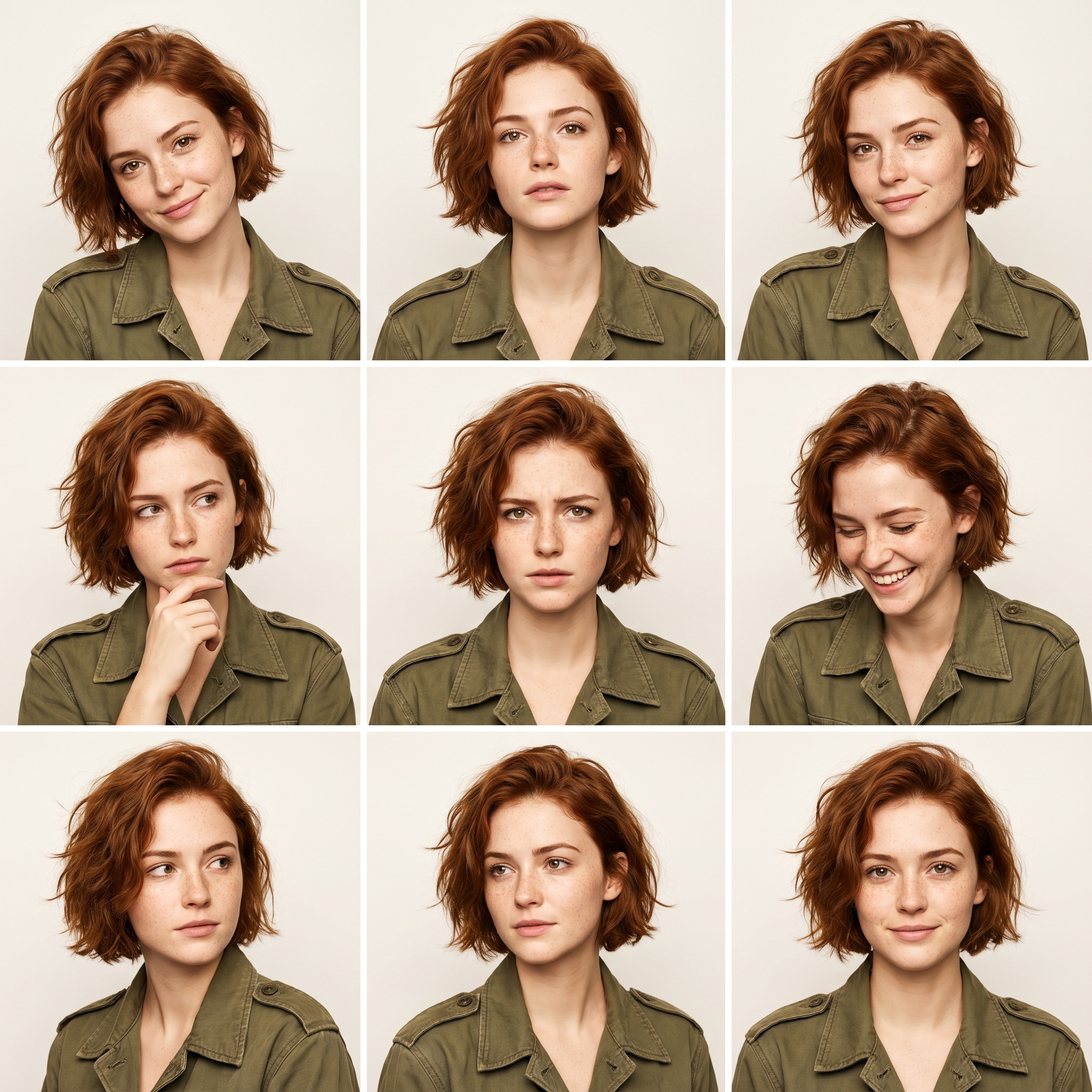 Nine consistent portraits of the same character, showing perfect character consistency across lighting, pose, and expression.